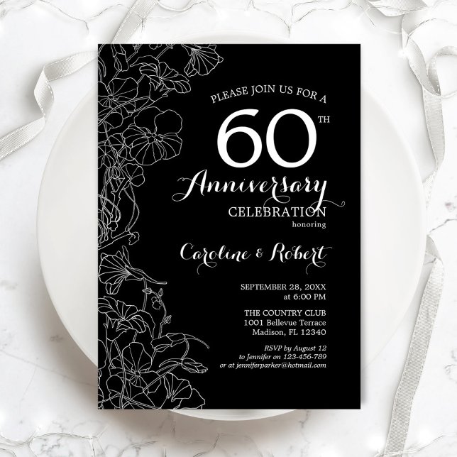 Invitation Anniversaire 60 ans Floral Noir Blanc (Créateur téléchargé)