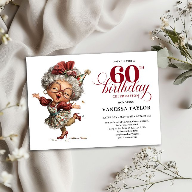 Invitation Anniversaire 60 Ans Humour Vieille Dame (60th Birthday Invitation Funny Old Lady Humor Design)