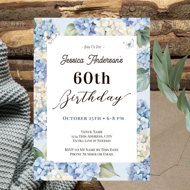 Invitation Anniversaire 60 ans Hydrangea Bleu Adulte Jardin (Créateur téléchargé)
