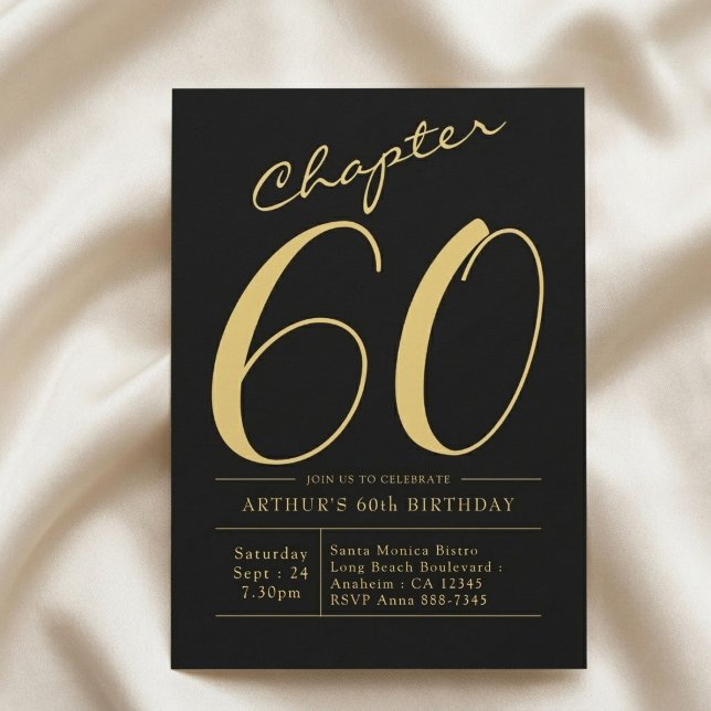 Invitation Anniversaire 60 ans Mari 60 ans Fête Noir Or (Black and gold 60th Birthday invite. Light cloth background.)