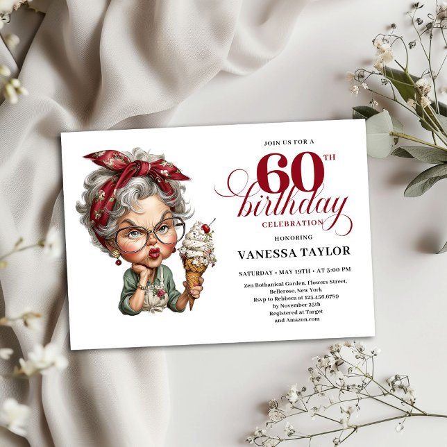 Invitation Anniversaire 60 Ans Modèle de Fête Drôl (60th Birthday Invitation Funny Lady Party Template)