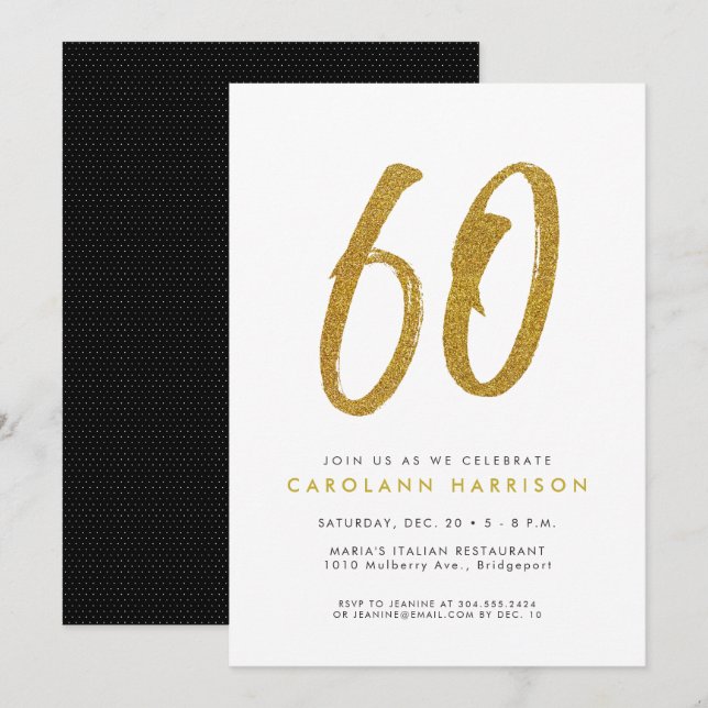 Invitation anniversaire 60 ans pailletée or (Devant / Derrière)