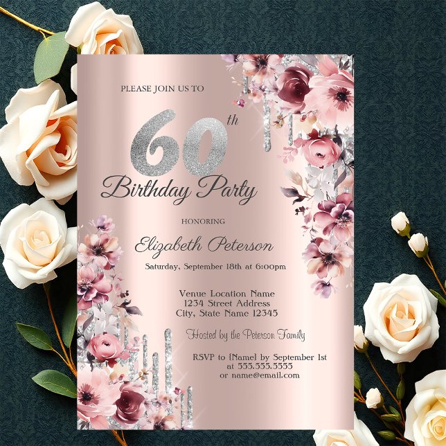 Invitation Anniversaire 60 ans Rose Gold Pink Floral Glitter  (Créateur téléchargé)