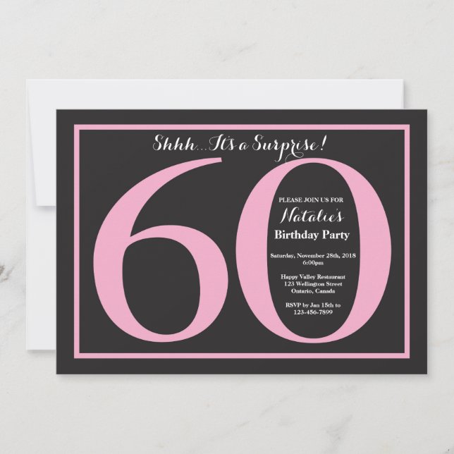 Invitation Anniversaire 60 ans surprise tableau noir rose et  (Devant)
