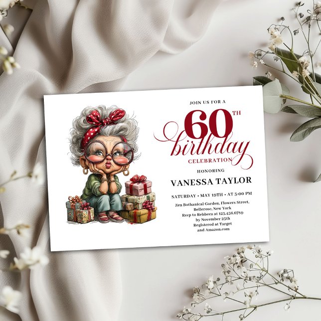 Invitation Anniversaire 60 Ans Thème Dame Âgée Drô (60th Birthday Invite Funny Quirky Old Lady Theme)