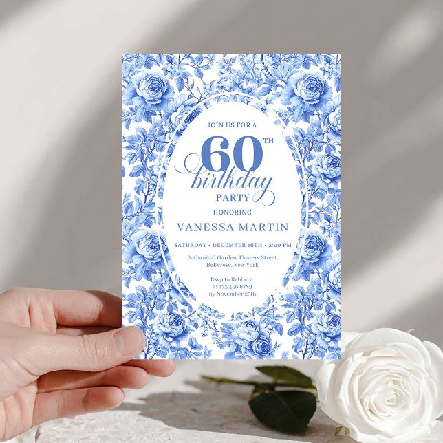 Invitation anniversaire 60 ans Toile de Jouy Roses (Modern Blue Toile Roses 60th Birthday Invite Digital

)