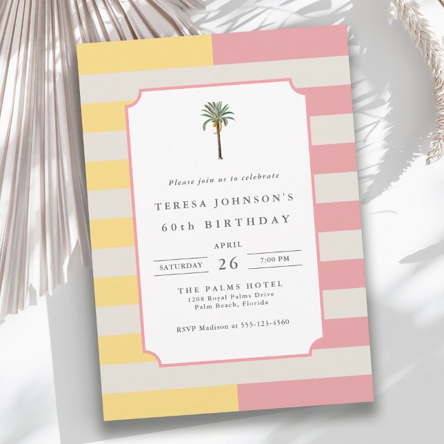 Invitation Anniversaire 60 ans Tropical Pastel de Palm Beach (Available as both printed and instant download digital formats.)