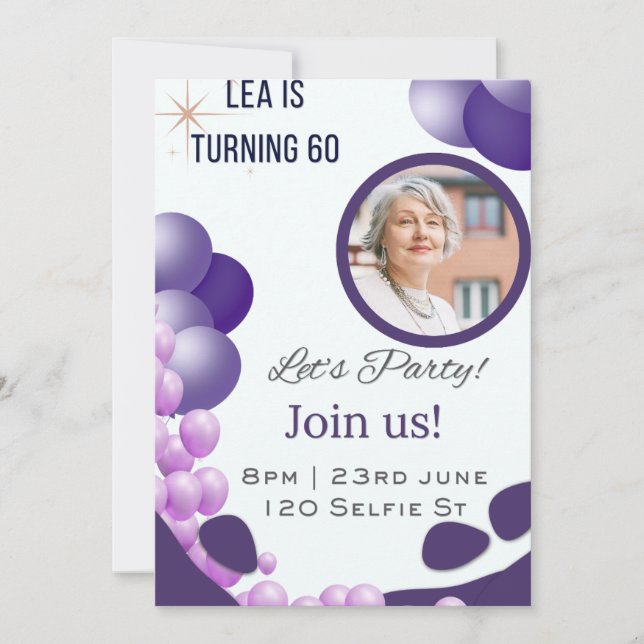 Invitation Anniversaire 60 ans Violet (Devant)