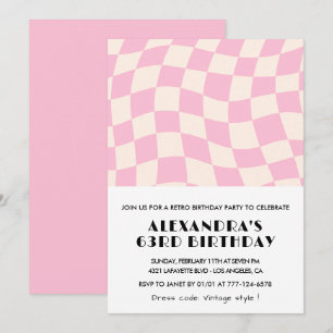 Invitation Anniversaire 63 ans à carreaux rose vintage rétro