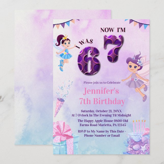 Invitation Anniversaire 6 7 Meme Ballerine Fée Fille (Devant / Derrière)