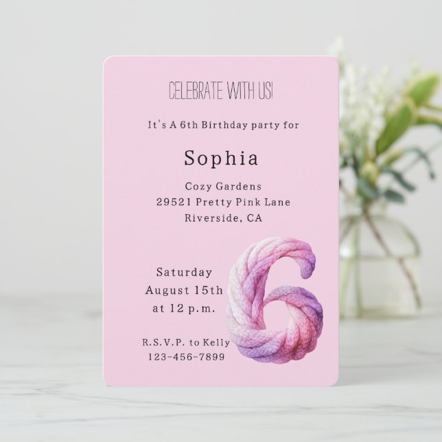 Invitation Anniversaire 6 ans Cozy Rose Lavande Violet (Debout devant)