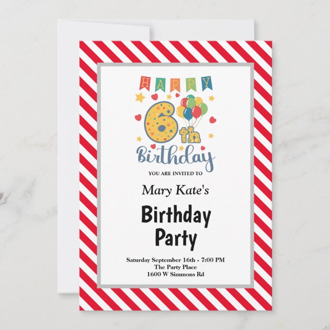 Invitation anniversaire 6 ans encadrée rayures rou (Devant)