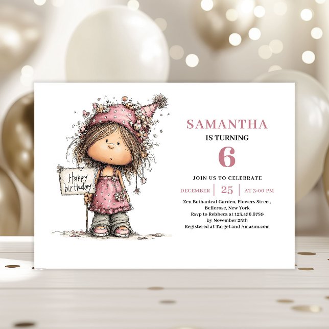 Invitation anniversaire 6 ans fille design rose fa (Whimsical 6th Birthday Invite Girl Pink Design)