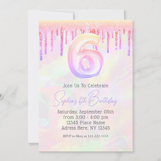 Invitation Anniversaire 6 Ans Fille Pailleté Rose Holographiq (Devant)