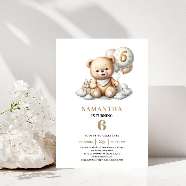 Invitation anniversaire 6 ans ours en peluche ball (6th Birthday Teddy Bear Gold Balloon Invitation)