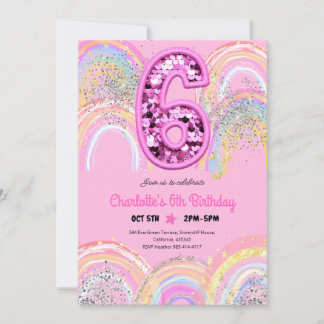 Invitation Anniversaire 6 ans Paillettes Arc-en-Ciel