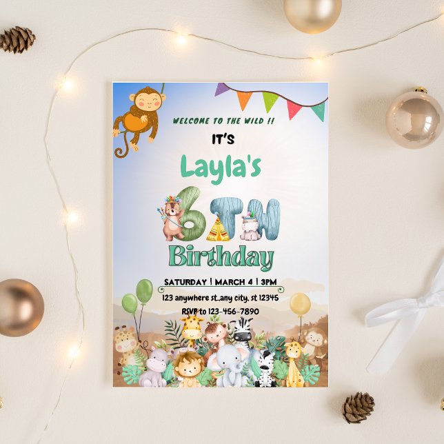 Invitation Anniversaire 6 ans Safari Vert & Bleu C (Colorful Green & Blue Safari 6th Birthday Invitation)