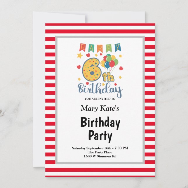 Invitation anniversaire 6 ans thème rayures rouges (Devant)