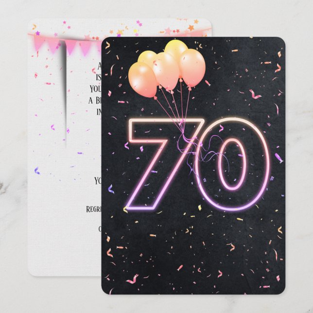 Invitation anniversaire 70 ans avec enseigne néon  (Devant / Derrière)