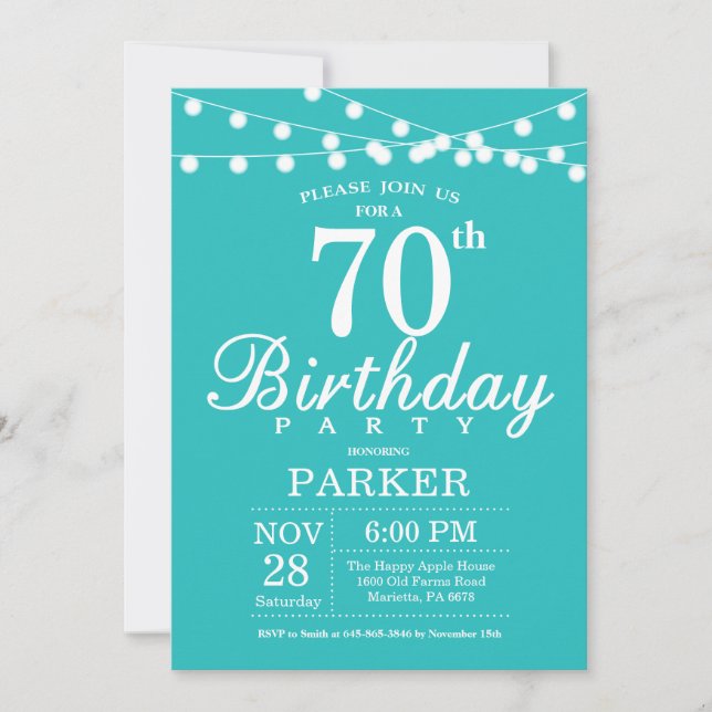 Invitation Anniversaire 70 Ans Bleu Sarcelle Turqu (Devant)