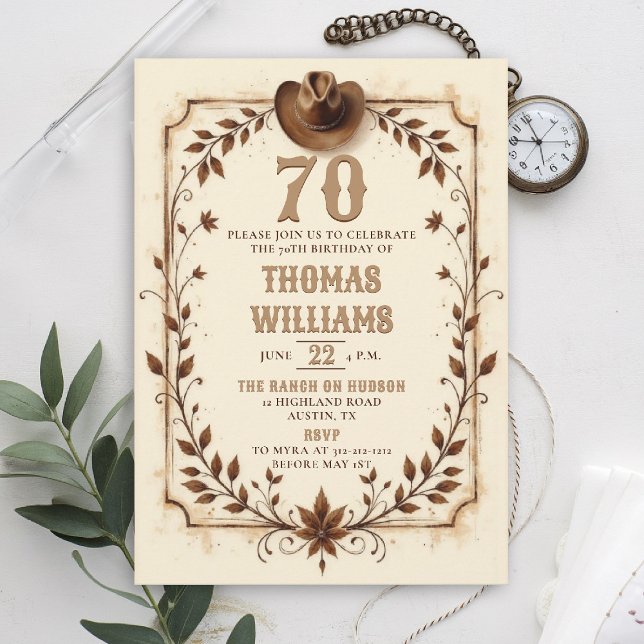 Invitation Anniversaire 70 ans Cowboy Occidental Rustique Vin (cowboy birthday invitation men 70th rustic vintage country western botanical husband dad grandpa)