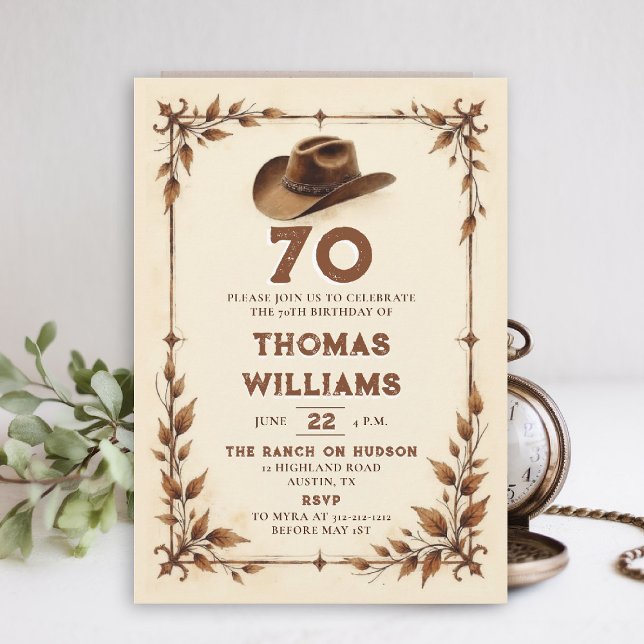 Invitation Anniversaire 70 ans Cowboy Rustique Occidental Vin (cowboy birthday invitation men 70th rustic vintage botanical country western husband dad grandpa)