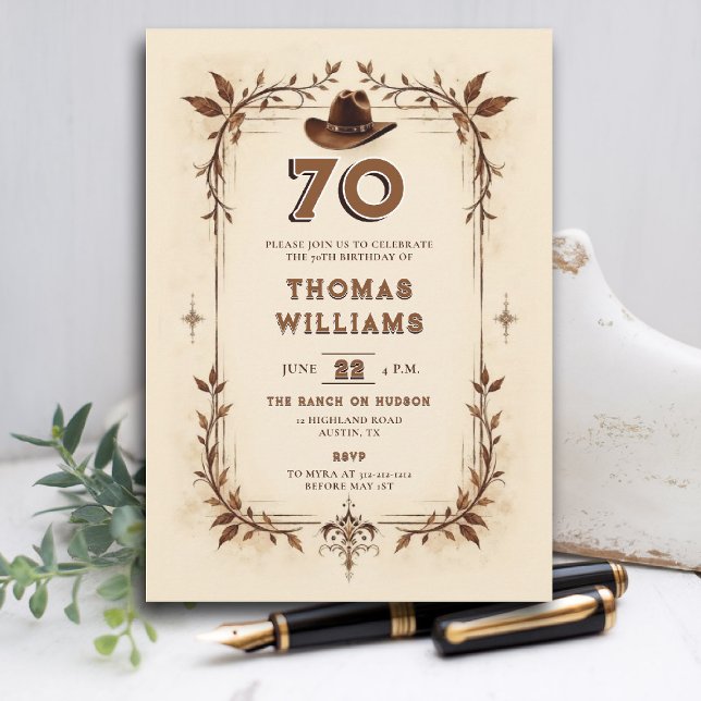 Invitation Anniversaire 70 ans Cowboy Vignes Rustique Occiden (cowboy birthday invitation men 70th rustic vintage classy country western husband dad grandpa)