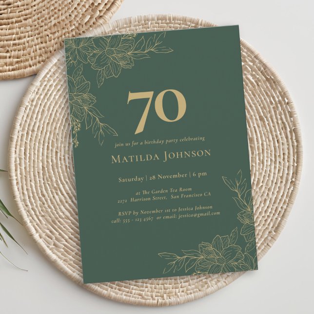 Invitation Anniversaire 70 Ans Élégant Floral Vert Or (Elegant Floral Green Gold Floral 70th Birthday Invitation)