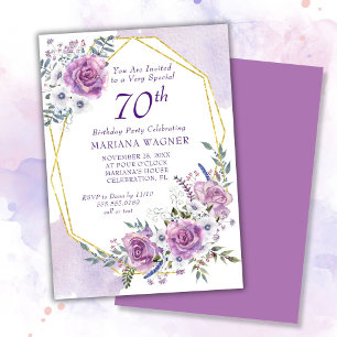 Invitation Anniversaire 70 ans Fleur Floral Violet Aquarelle