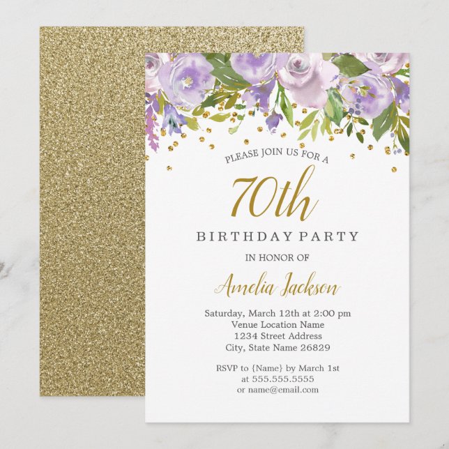 Invitation anniversaire 70 ans Fleur Purple Sparkl (Devant / Derrière)