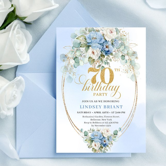 Invitation Anniversaire 70 Ans Fleurs Bleues Class (Classic Blue Floral Eucalyptus 70th Birthday Invitation

)
