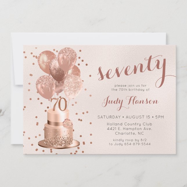 Invitation Anniversaire 70 Ans Gâteau Rose Gold (Devant)
