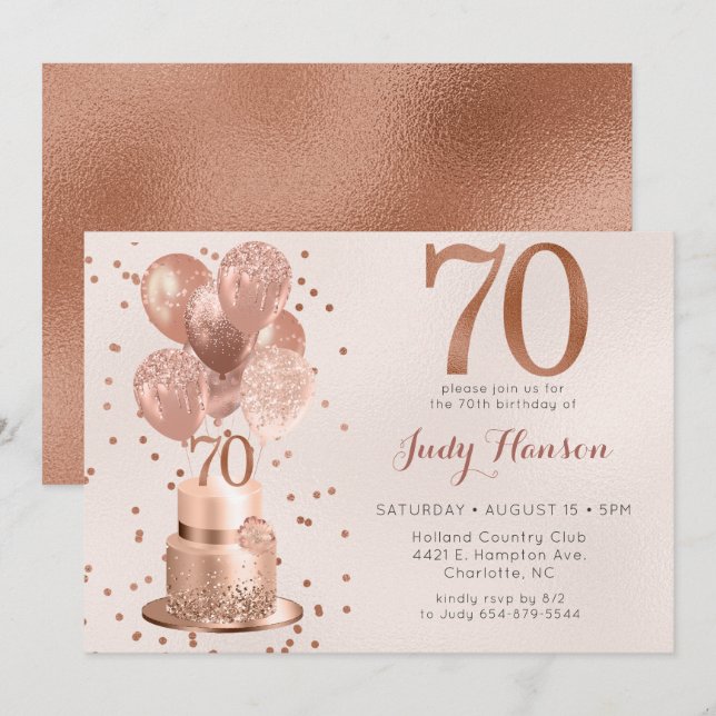 Invitation Anniversaire 70 Ans Gâteau Rose Gold (Devant / Derrière)