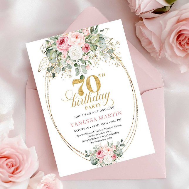 Invitation anniversaire 70 ans imprimable rose pas (Pastel Pink Printable 70th Birthday Invitation)