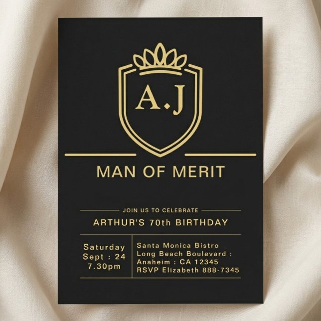 Invitation Anniversaire 70 ans Mari 70 Ans Fête Noir Or (Black and gold invite on cloth background.)