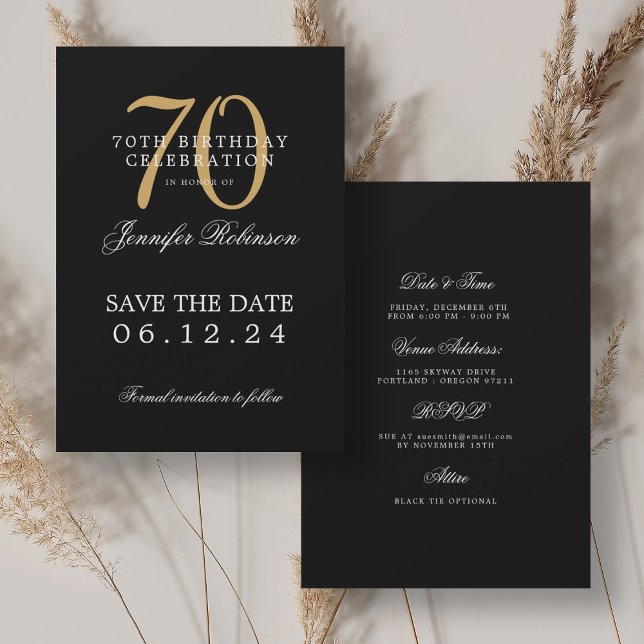Invitation anniversaire 70 ans noir or avec détail (Gold Black 70th Birthday Save the Date w/ Details Invitation)