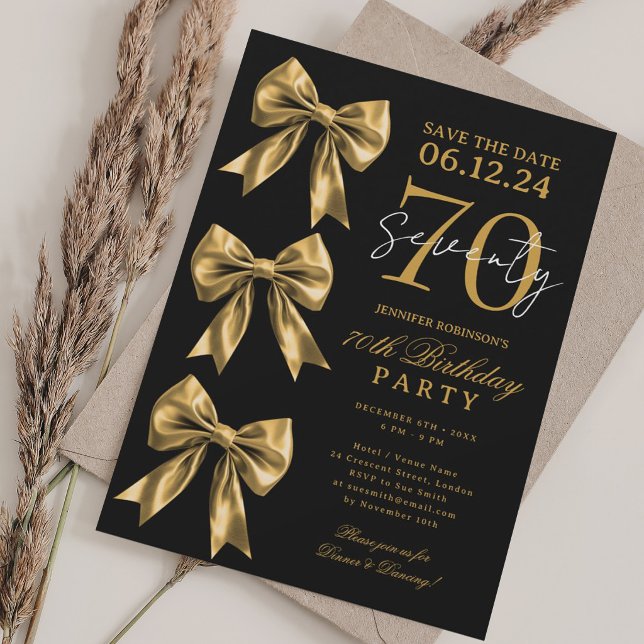 Invitation Anniversaire 70 Ans Noir Ruban Coquette (Gold Coquette Bow Save Date 70th Birthday Black Invitation)