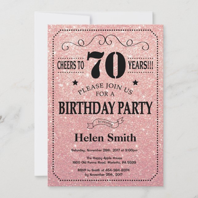 Invitation Anniversaire 70 ans Paillettes Rose Gold (Devant)