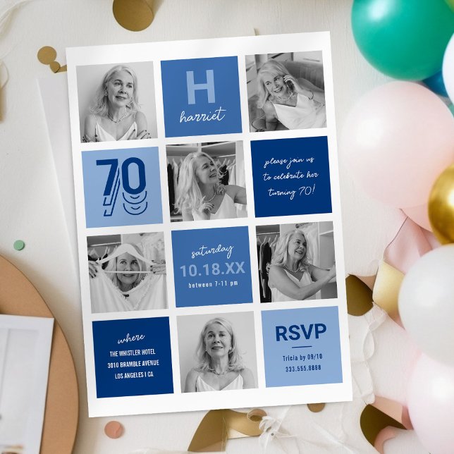 Invitation anniversaire 70 ans photo bleue moderne (Créateur téléchargé)