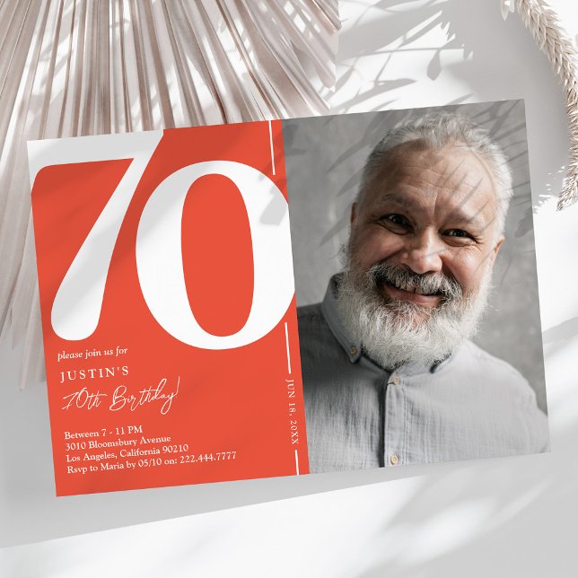 Invitation anniversaire 70 ans photo rouge vibrant (Créateur téléchargé)