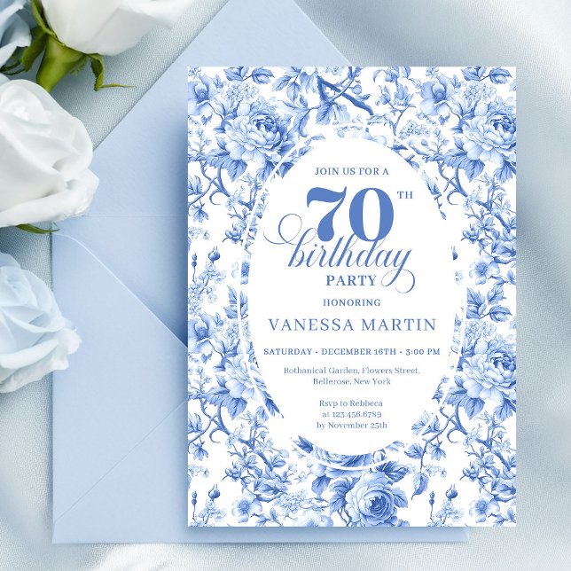 Invitation Anniversaire 70 ans Roses Bleu Royal (Royal Blue Roses 70th Birthday Invitation)