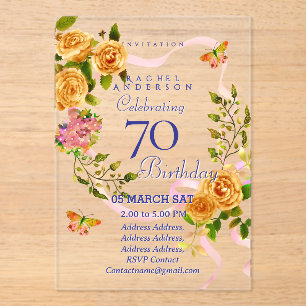 Invitation Anniversaire 70 ans Ruban Rose Doré