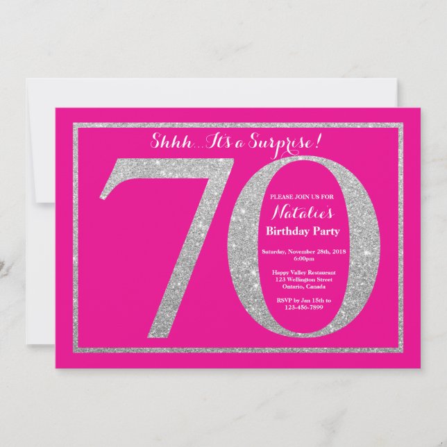 Invitation Anniversaire 70 ans surprise paillettes rose et ar (Devant)