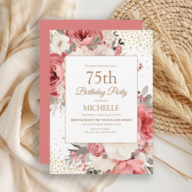 Invitation Anniversaire 75 Ans Fleurs Rose Ivoire  (Elegant pink and ivory watercolor floral women's 75th birthday party invitation)