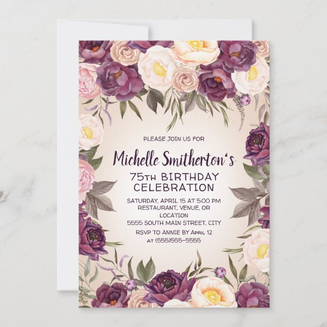 Invitation Anniversaire 75 ans Fleurs Roses Violettes Vintage (Devant)