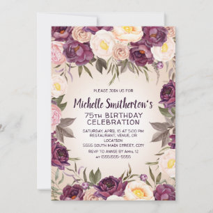 Invitation Anniversaire 75 ans Fleurs Roses Violettes Vintage