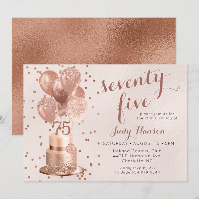 Invitation Anniversaire 75 Ans Gâteau Rose Gold (Devant / Derrière)