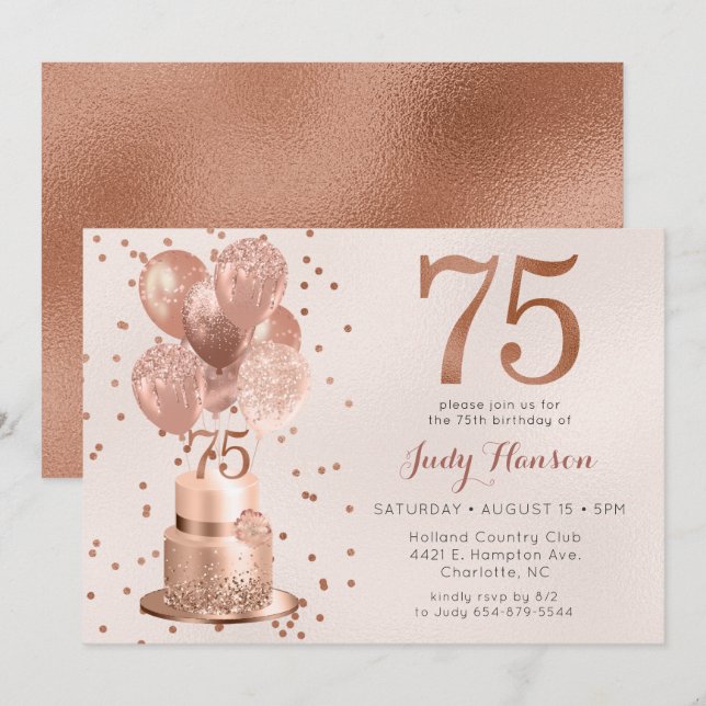Invitation Anniversaire 75 Ans Gâteau Rose Gold (Devant / Derrière)