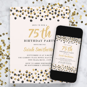 Invitation Anniversaire 75 Ans Paillettes Confettis Or Blanc