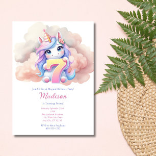 Invitation Anniversaire 7 ans Licorne Rose Bleu Violet Fille